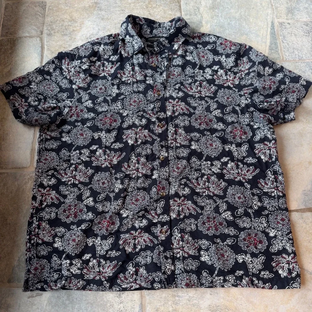Banana Republic‎ XXL Slim Fit Navy Floral Linen Cotton Shirt Short Sleeve Button